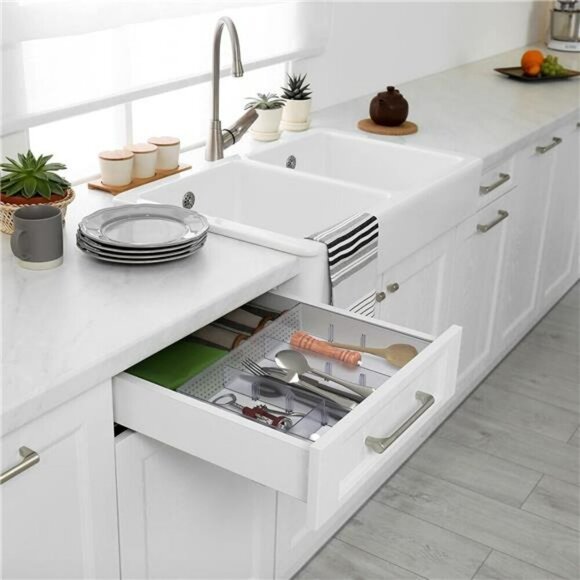 Clear Drawer Organizer Tray with Adjustable Dividers for Office Desk Storage - Picture 6 of 8